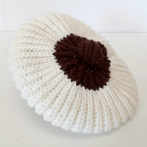 Vintage 70s Crochet Knit Beret w/ Pom Cream Maroon European Handmade Beatnik - Picture 8 of 9